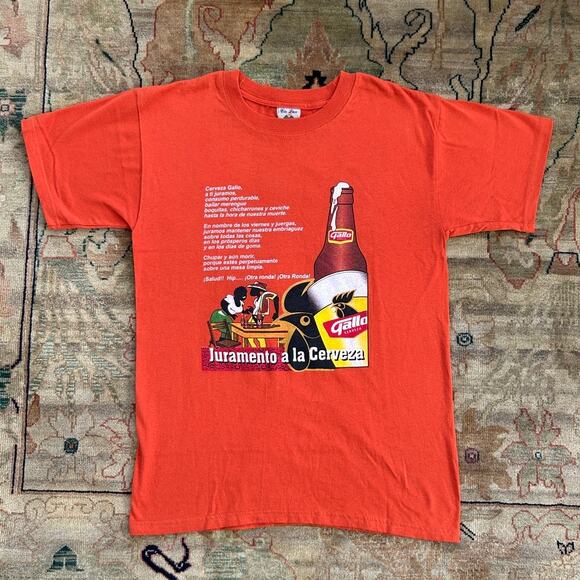 Vintage 90s Spanish Beer T-Shirt Mens S/M Gallo Cervesa Jumamento Orange - Picture 7 of 7